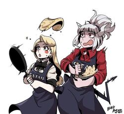  2girls apron bangdog batter blonde_hair blush_stickers bow bowtie charlie_morningstar cooking crossover demon_girl demon_horns demon_tail english_text flipping_food food frying_pan genre_connection grey_hair hazbin_hotel helltaker horns lucifer_(helltaker) mixing_bowl mole mole_under_eye multiple_girls pale_skin pancake red_shirt shirt simple_background source_request surprised sweat tail whisk white_background white_hair white_shirt 