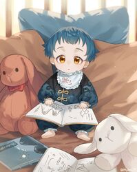  1boy aged_down blue_hair book chinese_clothes ethylene_ty genshin_impact highres long_sleeves looking_at_viewer male_focus open_book pillow short_hair sitting solo stuffed_animal stuffed_rabbit stuffed_toy xingqiu_(genshin_impact) yellow_eyes 