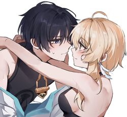  1boy bare_shoulders black_hair blonde_hair blue_eyes blush breasts closed_mouth eye_contact female genshin_impact hair_between_eyes highres japanese_clothes looking_at_another lumine_(genshin_impact) medium_breasts ming4 scaramouche_(genshin_impact) short_hair_with_long_locks simple_background sleeveless straight sweat upper_body wanderer_(genshin_impact) white_background 