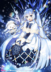  1other bare_tree bass_clef beret blue_bow blue_eyes blue_gloves blue_hair blue_tabard blurry bokeh book bow capelet clock_print commentary copyright_notice crypton_future_media depth_of_field dress female from_above full_body fur-trimmed_capelet fur_trim gloves gold_trim hair_ornament hairbow hairclip hat hatsune_miku highres holding holding_clothes holding_hat ice ice_flower light_blue_hair light_bulb_hair_ornament long_hair looking_at_viewer musical_note musical_note_hair_ornament night official_art open_book piapro rabbit rabbit_yukine roman_numeral sacanahen smile snow snowflake_print snowing string_of_light_bulbs tabard treble_clef tree twintails unworn_hat unworn_headwear very_long_hair vocaloid white_capelet white_dress white_headwear yuki_miku yuki_miku_(2021) 