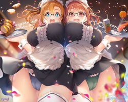  2girls apron bespectacled birthday blue-framed_eyewear blue_eyes blue_panties blurry bread breasts character_name commentary confetti cup dated depth_of_field drink drinking_glass english_text food frilled_apron frilled_panties frills from_below fruit glasses green_panties grey-framed_eyewear happy_birthday holding holding_tray hozumi_kaoru in-franchise_crossover juice kosaka_honoka large_breasts looking_at_viewer love_live! love_live!_school_idol_project love_live!_sunshine!! maid medium_hair multiple_girls one_side_up orange_(fruit) orange_hair orange_juice orange_slice panties red_eyes short_hair sidelocks signature takami_chika thighhighs tray two-tone_panties underwear white_apron white_thighhighs wrist_cuffs 