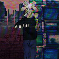  1:1 2020 adamayster aesoth_(adamayster) anthro black_tears bottomwear bovid caprine city clothing electronics english_text fur goat graffiti green_eyes hair horn looking_at_viewer male mammal markings pants shirt solo standing t-shirt television text topwear town video_cassette white_hair yellow_body yellow_fur 