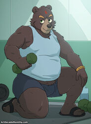  2023 5_fingers anthro artdecade bear black_nose bottomwear brown_body clothing digital_media_(artwork) feet fingers footwear green_eyes hi_res kabaddi_(artdecade) male mammal pants sandals shirt smile solo tank_top text topwear url white_clothing white_shirt white_tank_top white_topwear 