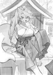  anthro aruurara asian_clothing barefoot beverage beverage_can bottomwear canid canine clothed clothing drinking east_asian_clothing facial_markings feet female fox fur gesture hair hakama haori head_markings hi_res hindpaw japanese_clothing kemono looking_at_viewer mammal markings miko_outfit mizuki_(aruurara) monochrome paws ponytail raised_finger raised_pinky shinto_shrine shrine shrine_maiden sitting skirt smile solo 