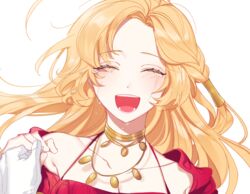  blonde_hair blush closed_eyes crying female h23srpnddnpuwws holding_hands jewelry korean_commentary long_hair lord_of_heroes lumie_miratisa lumie_miratisa_(fire) necklace pale_skin pov pov_hands red_shirt shirt smile streaming_tears tears 