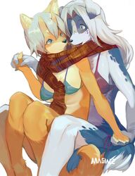  anthro bikini black_nose blue_body blue_eyes blue_fur breasts canid canine canis claws clothed clothing countershading dipstick_tail domestic_dog duo eye_contact female female/female floppy_ears fox fur hair hand_holding horn kemono long_hair looking_at_another looking_at_partner love magiace mammal markings multicolored_body multicolored_fur multicolored_tail on_lap open_mouth orange_body orange_fur romantic romantic_couple scarf sharing_clothing sharing_scarf simple_background sitting sitting_on_lap skimpy smile swimwear tail tail_markings two_tone_body two_tone_fur white_background white_body white_countershading white_fur white_hair yellow_body yellow_countershading yellow_fur 