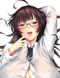  absurdres ahoge asase_yuugi black_bra bra breasts brown_eyes brown_hair button_gap cleavage female finger_to_mouth glasses haks highres large_breasts see-through shirt solo tomako_(tatihitoe) underwear virtual_youtuber white_shirt 