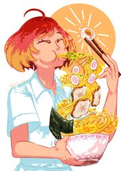  absurdres ahoge bowl brown_hair chopsticks closed_eyes collared_shirt commentary eating female food highres holding holding_bowl holding_chopsticks holding_food kamaboko meat multicolored_hair narutomaki noodles original ramen red_hair shirt short_hair short_sleeves signature solo upper_body white_background white_shirt xinru9886 