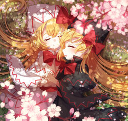  2girls absurdres ametama_(runarunaruta5656) belt black_cape black_dress black_headwear black_sleeves blonde_hair blush bow bowtie cape cherry_blossoms closed_mouth dress dual_persona frills grass hair_between_eyes hat hat_bow highres holding_hands interlocked_fingers light lily_black lily_white long_hair long_sleeves lying multiple_girls open_mouth petals red_belt red_bow red_bowtie shadow smile touhou white_cape white_dress white_headwear white_sleeves wide_sleeves 