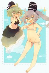  2girls :d ahoge ashiyu_(ashu-ashu) bikini black_bikini black_headwear blue_eyes blue_sky blush border breasts cloud commentary commission embarrassed full_body ghost_tail green_eyes green_hair grey_hair hands_on_own_face hat highres long_hair looking_at_viewer looking_down medium_breasts micro_bikini mononobe_no_futo multiple_girls navel oerba_yun_fang open_mouth ponytail sandals short_hair skeb_commission skin_fang sky small_breasts smile soga_no_tojiko standing star_(symbol) swimsuit tate_eboshi touhou white_bikini white_border 