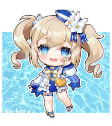  :d bad_id bad_pixiv_id bag barbara_(genshin_impact) barbara_(summertime_sparkle)_(genshin_impact) blue_eyes blue_one-piece_swimsuit casual_one-piece_swimsuit character_name chibi chibi_only choker commentary_request detached_sleeves drill_hair duck_print eyes_visible_through_hair female genshin_impact hair_between_eyes handbag hat highres hue_oo light_brown_hair long_hair looking_at_viewer one-piece_swimsuit open_mouth pose sandals sidelocks smile solo swimsuit twin_drills twintails 