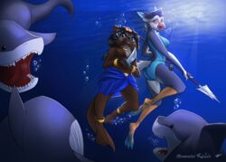  avian beak bird breathing bubble clothing duo exposure_variation female fin fish humanoid jewelry kaislair mammal marine mustelid otter pela_(dragontear) penguin shark swimming swimwear ta&#039;hira_(dragontear) underwater water weapon 