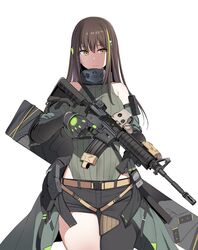  absurdres assault_rifle asymmetrical_legwear bare_shoulders black_gloves brown_hair commentary_request cowboy_shot dickbomber female girls&#039;_frontline gloves green_hair gun highres holding holding_gun holding_weapon korean_commentary leotard leotard_sweater long_hair m4_carbine m4a1_(girls&#039;_frontline) m4a1_(mod3)_(girls&#039;_frontline) magazine_(weapon) mask military multicolored_hair particle_cannon_case ribbed_leotard rifle scarf simple_background skull_mask solo streaked_hair uneven_legwear weapon white_background yellow_eyes 