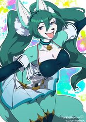  2022 anthro armwear big_breasts blue_body blue_eyes blue_fur blush bottomwear breasts canid canine cleavage clothed clothing collar cosplay crop_top digital_media_(artwork) divafox eyebrows fan_character female footprint fox fur goodsmile_racing green_hair hair hatsune_miku hi_res long_hair looking_at_viewer mammal open_mouth pawprint portrait race_queen racing_miku racing_miku_(2018) shirt skirt sleeveless_topwear solo teteteko three-quarter_portrait tongue topwear twintails twintails_(hairstyle) vocaloid white_body white_fur 