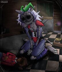  2023 animatronic anthro canid canine canis cassie_(fnaf) clothing digital_media_(artwork) duo female fingers five_nights_at_freddy&#039;s five_nights_at_freddy&#039;s:_security_breach five_nights_at_freddy&#039;s:_security_breach_ruin green_hair hair hi_res human kneeling lolicon machine mammal robot rsbr ruined_roxanne_wolf scottgames steel_wool_studios wolf young young_female young_human 