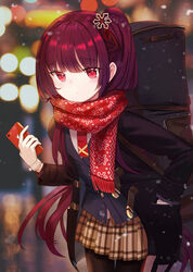  absurdres bad_id bad_pixiv_id bag black_coat black_pantyhose blunt_bangs blush bracelet brown_skirt cellphone coat commentary_request enpera female girls&#039;_frontline hair_ornament highres holding holding_phone iren_lovel jewelry long_hair long_sleeves looking_at_viewer necktie official_alternate_costume one_side_up open_clothes open_coat outdoors pantyhose phone plaid plaid_skirt pleated_skirt print_scarf red_eyes red_hair red_necktie red_scarf scarf school_uniform skirt snowflake_hair_ornament snowflake_print snowing solo standing uniform wa2000_(date_in_the_snow)_(girls&#039;_frontline) wa2000_(girls&#039;_frontline) 