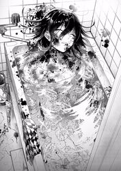  1boy bad_id bad_twitter_id bath bathing bathroom blood checkered_clothes checkered_scarf closed_eyes collarbone commentary_request corpse curtains danganronpa_(series) danganronpa_v3:_killing_harmony death greyscale highres ice ice_cube indoors male_focus medium_hair monochrome nanin oma_kokichi partially_submerged scarf solo straitjacket tile_floor tile_wall tiles unworn_scarf water 