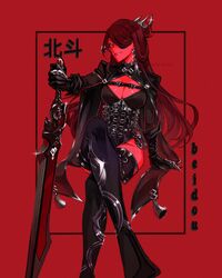  2021 alternate_costume artist_name beidou_(genshin_impact) black_gloves blackcliff_slasher_(genshin_impact) boots breasts character_name cleavage commentary earrings english_commentary female genshin_impact gloves greatsword hair_ornament hair_over_one_eye hair_stick hairpin highres holding holding_weapon jewelry long_hair looking_at_viewer one_eye_covered red_background red_theme sakyru smile solo sword tassel thigh_boots thighhighs weapon 