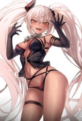  :d armpits bare_shoulders bindong black_gloves black_panties blush bodice breasts chains character_request closers collar commentary cowboy_shot dark-skinned_female dark_skin elbow_gloves facial_mark female from_below gloves groin hair_ornament half-closed_eyes hands_up highres horns long_hair looking_at_viewer multi-strapped_panties navel no_pants o-ring open_mouth panties pointy_ears round_teeth sidelocks simple_background single_horn skindentation slit_pupils smile solo symbol-only_commentary teeth thigh_strap twintails underwear very_long_hair white_background white_hair 