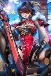  artist_name ayya_sap beidou_(genshin_impact) black_hair black_thighhighs blackcliff_slasher_(genshin_impact) boots breasts capelet cleavage cleavage_cutout clothing_cutout eyepatch female fur-trimmed_capelet fur_trim genshin_impact gloves hair_over_one_eye holding holding_sword holding_weapon large_breasts lips looking_at_viewer one_eye_covered parted_lips patreon_username pelvic_curtain sitting skindentation smile solo spread_legs sword thigh_boots thighhighs thighhighs_under_boots underboob weapon 