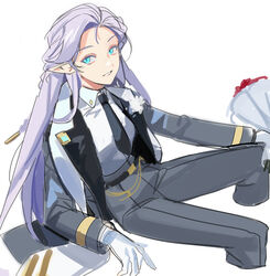  absurdres blue_eyes bouquet elf female flower formal high-waist_pants highres korean_commentary loh_grape long_hair looking_at_viewer looking_up lord_of_heroes olivia_pavlichenko olivia_pavlichenko_(light) pale_skin pants pointy_ears white_hair 