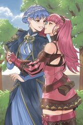  2girls blue_hair blue_sky braid bush commentary couple dress english_commentary eye_contact fire_emblem fire_emblem:_three_houses gloves hand_on_another&#039;s_chin highres hilda_valentine_goneril holding_hands imminent_kiss interlocked_fingers looking_at_another marianne_von_edmund multiple_girls pink_hair radiostarkiller sky smile tree twintails yuri 