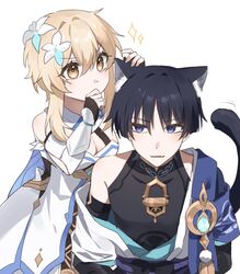  1boy animal_ear_fluff animal_ears black_hair blonde_hair blue_eyes blush breasts cat_boy cat_ears cat_tail detached_sleeves dress female flower genshin_impact gloves hair_between_eyes hair_flower hair_ornament highres japanese_clothes lumine_(genshin_impact) medium_breasts ming4 oerba_yun_fang open_mouth partially_fingerless_gloves scaramouche_(genshin_impact) short_hair_with_long_locks simple_background skin_fang sparkle tail vision_(genshin_impact) wanderer_(genshin_impact) white_background white_dress 