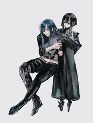  2girls amputee angelia_(girls&#039;_frontline) anna_(girls&#039;_frontline) black_hair blue_hair cyborg full_body girls&#039;_frontline hair_over_one_eye high_heels highres long_bangs long_hair multiple_girls nyto_(girls&#039;_frontline) prosthesis prosthetic_arm prosthetic_leg scar scar_on_face short_hair sushiwa white_background 