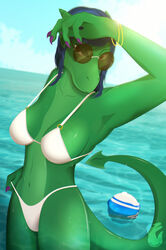  absurd_res accessory anonybold anthro beachwear bikini blitzball blue_hair breasts brown_eyes claws clothing colored_nails cool_colors day detailed_background digital_media_(artwork) dragon ears_up eyelashes eyeliner eyeshadow eyewear female front_view glistening glistening_body glistening_breasts green_body hair hi_res horn jewelry legs_in_water legs_together light light_beam lizard looking_at_viewer makeup mythological_creature mythological_scalie mythology nails navel outside pinup pose reptile scales scalie sea seaside slim smile snout solo sport standing summer sunbeam sunglasses sunlight sunny swimwear tail toned_stomach vector volleyball water water_drop watermark wet wet_body zmayka 