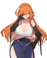  blue_pupils breasts brown_gloves cleavage clothing_cutout crossed_arms extra_arms female gloves hand_on_own_hip high-waist_skirt lansane large_breasts looking_at_viewer one_eye_closed orange_eyes orange_hair original pelvic_curtain quadriri_(lansane) scar sharp_teeth side_cutout skirt smile solo standing stitches teeth upper_body 