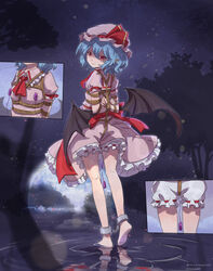  absurdres arms_behind_back bare_legs barefoot bat_wings bloomers blue_hair blush bondage bondage bondage bound cuffs dress feet female frilled_dress frills full_body hat highres legs low_wings multiple_views nero_augustus open_mouth pink_dress pointy_ears red_eyes reflection reflective_water remilia_scarlet restrained rope shackles short_hair soles toes touhou underwear water wings 