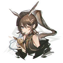  alternate_costume amiya_(arknights) animal_ears arknights bare_shoulders blue_eyes blush brown_hair commentary earrings extra_ears female food hair_ornament hairclip hat highres ice_cream ice_cream_cone jacket jewelry off_shoulder ponytail rabbit_ears solo symbol-only_commentary turtleneck wenquangua 