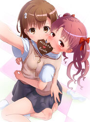  2girls blush breast_press breasts brown_eyes brown_hair brown_sweater_vest candy character_name checkered_floor chocolate collared_shirt dress_shirt food grey_skirt hair_ribbon heart heart-shaped_chocolate hug long_hair looking_at_viewer looking_to_the_side medium_breasts misaka_mikoto multiple_girls pleated_skirt ribbon school_uniform selfie shirai_kuroko shirt short_hair short_sleeves simple_background skirt summer_uniform sweat sweater_vest symmetrical_docking toaru_kagaku_no_railgun toaru_majutsu_no_index tokiwadai_school_uniform twintails valentine viewfinder white_background white_shirt yonabe yuri 