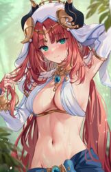  absurdres arm_behind_head arm_up armpits blue_nails blue_skirt blurry blurry_background blush bracer breasts brooch circlet closed_mouth commentary cropped day depth_of_field detached_sleeves fake_horns female genshin_impact gold_trim green_eyes groin hand_up harem_outfit highres hizuki_higure holding holding_own_hair horns jewelry leaf long_hair long_sleeves looking_at_viewer low_twintails medium_breasts nail_polish navel neck_ring nilou_(genshin_impact) outdoors paid_reward_available parted_bangs playing_with_own_hair puffy_long_sleeves puffy_sleeves red_hair revealing_clothes skirt smile solo standing stomach sweat twintails veil vision_(genshin_impact) water_drop wet white_headwear white_veil 