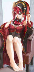  absurdres arrow_through_heart ascot bare_legs barefoot bicorne black_coat black_leotard breasts brooch choker cleavage closed_mouth coat commentary convenient_leg covered_navel cropped_jacket eyepatch feet female frilled_choker frills full_body gold_trim grey_background hair_ribbon hand_up hat highres hololive houshou_marine houshou_marine_(1st_costume) jacket jewelry knees_up large_breasts leaning_back legs_together leotard leotard_under_clothes long_sleeves looking_at_viewer miniskirt non09_24 on_chair orange_eyes pirate pirate_hat pleated_skirt red_ascot red_hair red_jacket red_ribbon red_skirt ribbon see-through see-through_cleavage see-through_leotard see-through_midriff shadow sitting skirt sleeveless sleeveless_jacket smile solo toenails toes twintails virtual_youtuber 