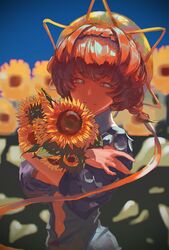  blue_eyes braid dress fate/grand_order fate_(series) female flower hair_ornament highres holding holding_flower hugging_object long_hair looking_at_viewer orange_hair ponytail short_hair sky smile solo sunflower uaaaou upper_body van_gogh_(fate) 