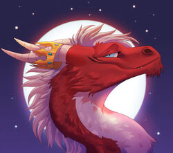  axis_(character) blue_eyes crown dragon facing_right feral fur furred_dragon furred_scalie headgear horn looking_at_viewer male moon mythological_creature mythological_scalie mythology night red_body red_fur scalie simple_background sky smile solo star starry_sky thexlewdxmoose tuft white_body white_fur white_horn 