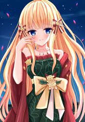  arm_behind_back bad_face blonde_hair blue_eyes blunt_bangs blush bow breasts closed_mouth collarbone dress elf falling_petals female floral_print flower flower_ornament frills hair_ornament hairbow hand_up highres imono_y jewelry large_breasts long_hair looking_at_viewer necklace night petals pointy_ears princess_connect! red_shawl ribbon_trim saren_(christmas)_(princess_connect!) saren_(princess_connect!) shawl smile solo strapless strapless_dress underbust upper_body very_long_hair 