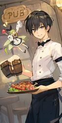  &gt;_&lt; 1boy alcohol apron bartender beer beer_mug black_apron black_bow black_bowtie black_dress black_hair blue_eyes bow bowtie buttons cannae_le_fey cherry_tomato closed_eyes commentary_request cowboy_shot cup double-breasted dress dress_shirt fairy fairy_wings female food fork green_hair hair_between_eyes hair_ornament highres holding holding_cup holding_fork holding_plate korean_commentary kuzuvine looking_at_viewer lord_(lord_of_heroes) lord_of_heroes male_lord_(lord_of_heroes) meat mug parted_lips plate pom_pom_(clothes) pom_pom_hair_ornament sausage shirt short_hair sleeve_garter sleeves_past_fingers sleeves_past_wrists sleeves_rolled_up smile table tomato waist_apron waiter white_shirt wings 