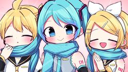  1boy 2girls :&gt; aqua_eyes aqua_hair aqua_necktie bare_shoulders bass_clef black_sailor_collar black_sleeves blonde_hair blue_scarf blush bow chestnut_mouth closed_eyes commentary detached_sleeves grey_shirt hair_ornament hair_scarf hairbow hairclip hand_in_another&#039;s_hair hatsune_miku highres kagamine_len kagamine_rin kasaki_sakura long_hair looking_at_viewer multiple_girls nail_polish neckerchief necktie open_mouth own_hands_together pink_background sailor_collar scarf school_uniform see-through see-through_sleeves shirt short_hair short_ponytail short_sleeves shoulder_tattoo smile spiked_hair swept_bangs tattoo treble_clef twintails upper_body very_long_hair vocaloid white_bow white_shirt yellow_nails yellow_neckerchief yellow_necktie 