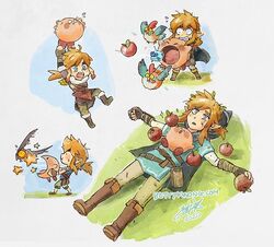  1boy 2020 apple bettykwong blonde_hair blue_eyes blue_shirt boots champion&#039;s_tunic_(zelda) climbing_set_(zelda) cloak commentary company_connection crossover cucco english_commentary flying food fruit hylian_set_(zelda) inhaling keese kirby kirby_(series) link lying multiple_views nintendo on_back sheikah_slate shirt signature smile snowquill_set_(zelda) star_(symbol) the_legend_of_zelda the_legend_of_zelda:_breath_of_the_wild watermark web_address 