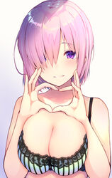  alternate_costume bare_arms bare_shoulders blush bra breasts cleavage collarbone commentary_request fate/grand_order fate_(series) female gradient_background green_bra hair_over_one_eye heart heart_hands highres lace-trimmed_bra lace_trim large_breasts looking_at_viewer mash_kyrielight parted_lips pink_hair purple_background purple_eyes short_hair smile solo striped_bra striped_clothes underwear underwear_only upper_body uro_(urotanc) vertical-striped_bra vertical-striped_clothes 