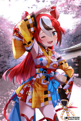  animal_ears arm_up asymmetrical_legwear bad_id bad_twitter_id black_hair blurry blurry_background commentary depth_of_field detached_sleeves english_commentary female floral_print hakos_baelz hakos_baelz_(new_year) hololive hololive_english japanese_clothes kimono long_hair long_sleeves mismatched_legwear mouse_ears mouse_girl mouse_tail mujinbensin multicolored_clothes multicolored_hair multicolored_kimono one_eye_closed outdoors patreon_username print_kimono red_hair ribbon solo streaked_hair tail tail_ornament tail_ribbon thighhighs virtual_youtuber white_hair 