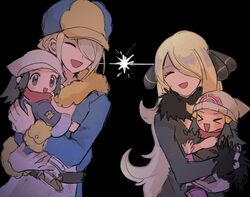  &gt;_&lt; 1boy 3girls :d akari_(pokemon) anzu_(01010611) belt black_background blonde_hair blue_jumpsuit blush_stickers brown_belt carrying chibi coat commentary_request cynthia_(pokemon) dawn_(pokemon) false_smile fur_collar fur_trim grey_eyes grey_jacket hair_ornament hair_over_one_eye hat head_scarf highres jacket jumpsuit lightning_glare logo long_hair long_sleeves multiple_girls open_mouth pokemon pokemon_bdsp pokemon_legends:_arceus ponytail short_hair sidelocks simple_background smile tongue volo_(pokemon) white_headwear yellow_headwear 