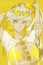  arm_behind_head arms_up artist_name bracelet breasts buttons closed_mouth earrings eyelashes eyewear_on_head female food food-themed_earrings food-themed_hair_ornament fruit grey_eyes hair_between_eyes hair_ornament highres jewelry large_breasts lemon lemon_earrings lemon_hair_ornament lemon_slice long_hair looking_at_viewer multicolored_eyes original see-through see-through_shirt semi_(p-poco) shirt short_sleeves side_ponytail simple_background solo sunglasses tinted_eyewear upper_body white_hair white_shirt yellow-tinted_eyewear yellow_background yellow_eyes 