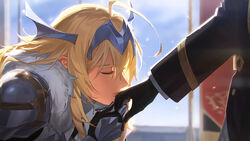  1boy bad_id bad_twitter_id blonde_hair closed_eyes female fram_berge fram_berge_(light) gloves hair_ornament kissing kissing_hand kotneciii leaning_forward long_hair lord_(lord_of_heroes) lord_of_heroes pale_skin 