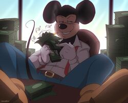  anthro banknote chair cigarette clothed clothing counting_money desk disney feet_on_desk furniture holding_money holding_object inside jordo_(artist) male mammal mickey_mouse money mouse murid murine office office_chair on_chair rodent sitting sitting_on_chair smoking solo table tail text window 