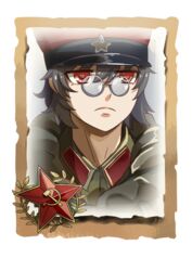  black_hair chinese_commentary closed_mouth commentary_request company_of_heroes female glasses hair_between_eyes hat jacket military military_hat military_jacket military_uniform original portrait red_eyes short_hair solo soviet soviet_army uniform world_war_ii zhainan_s-jun 