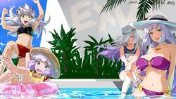  4girls :d aqua_eyes bikini blunt_bangs breasts dated flat_chest floating_hair gradient_hair grey_hair gundam gundam_exa hair_over_one_eye hat large_breasts long_hair looking_at_viewer medium_breasts morioka_yasuto multicolored_hair multiple_girls o-ring o-ring_bikini one_eye_covered open_mouth outdoors purple_bikini purple_hair short_hair smile soles sthesia_awar_acht sthesia_awar_nono sthesia_awar_primo sthesia_awar_sesto straw_hat summer sun_hat swimsuit white_hair 