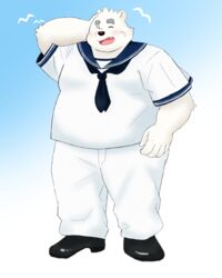  2020 4:5 anthro bear blush bottomwear clothing cute_fangs fur hi_res humanoid_hands kemono male mammal one_eye_closed overweight overweight_anthro overweight_male pants polar_bear shirane_kan shirt solo topwear ursine utau white_body white_fur wink yaki_atsuage 